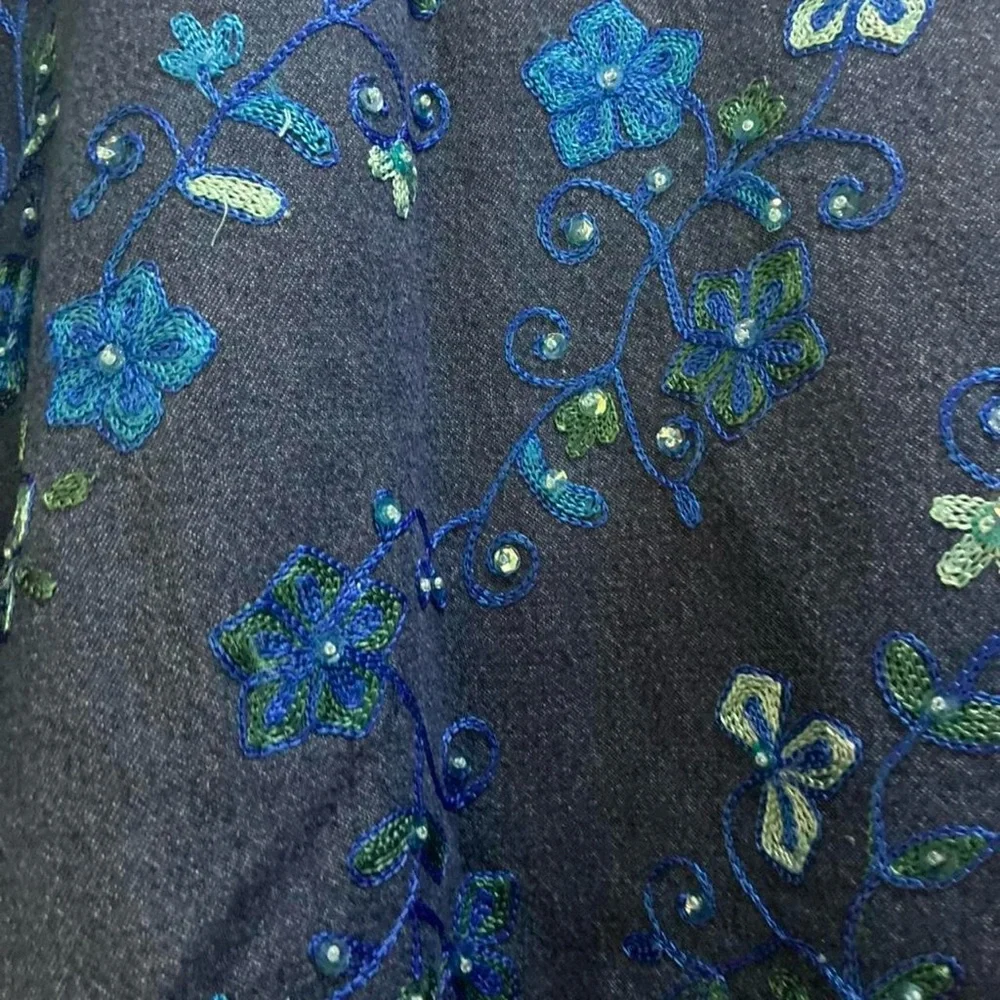 Coldwater Creek Dark Blue Denim Jacket with Blue Floral Embroidery